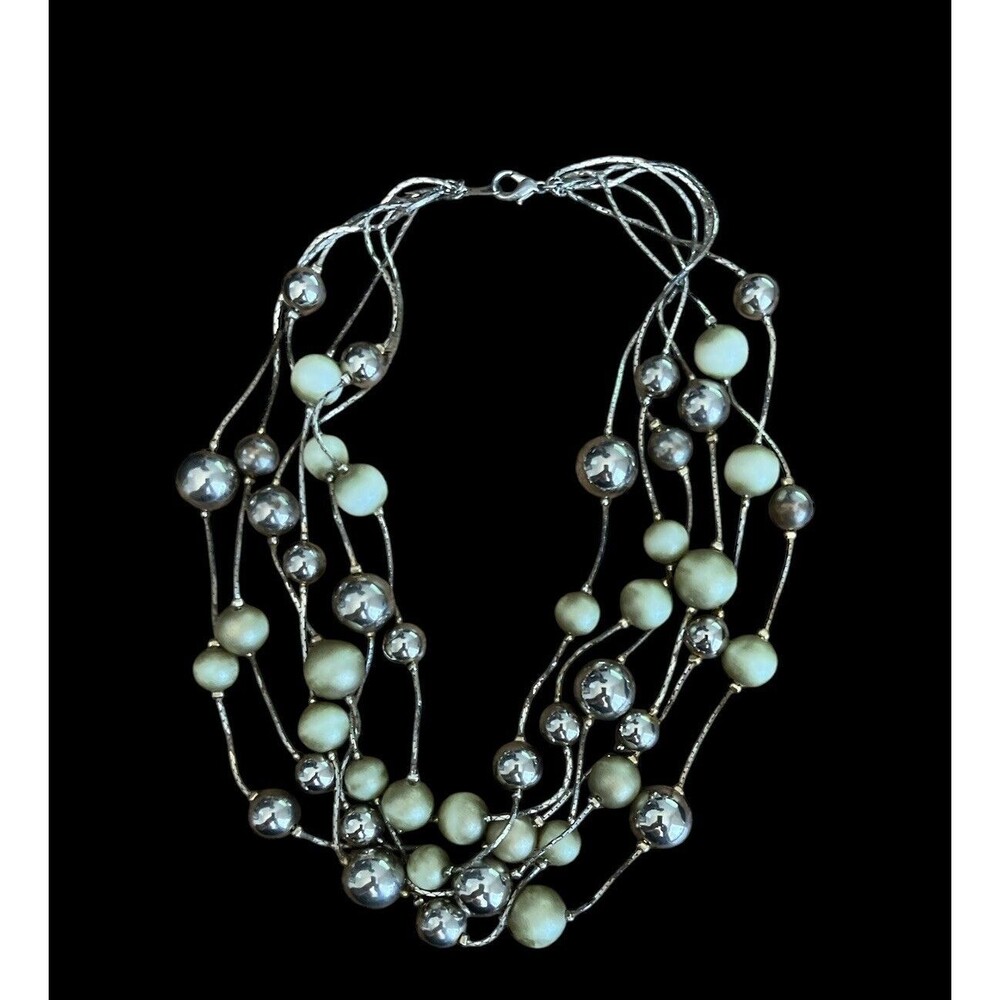 Necklace Faux Pearls Silver Tone Beads 6 Strand Costume Jewelry 16"